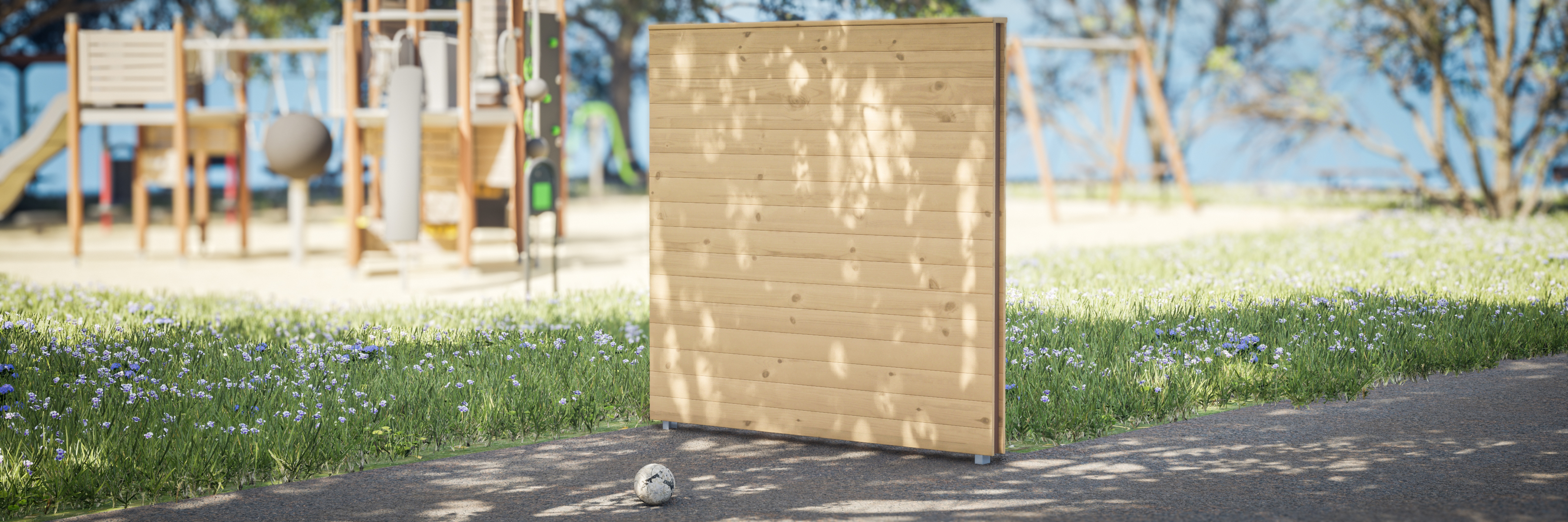 A rendered image of a wooden panel used for kicking a ball against for practice. 